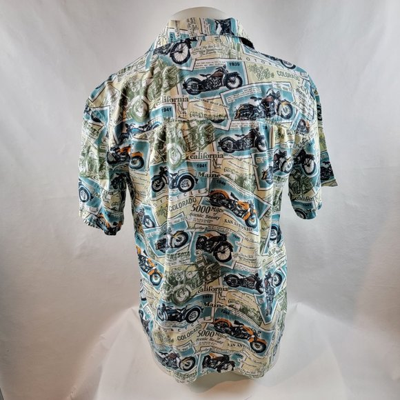 Dem Crazy Shirt Mens Medium Blue Button Up Camp Motorcycle Road Trip Travel - Picture 5 of 6